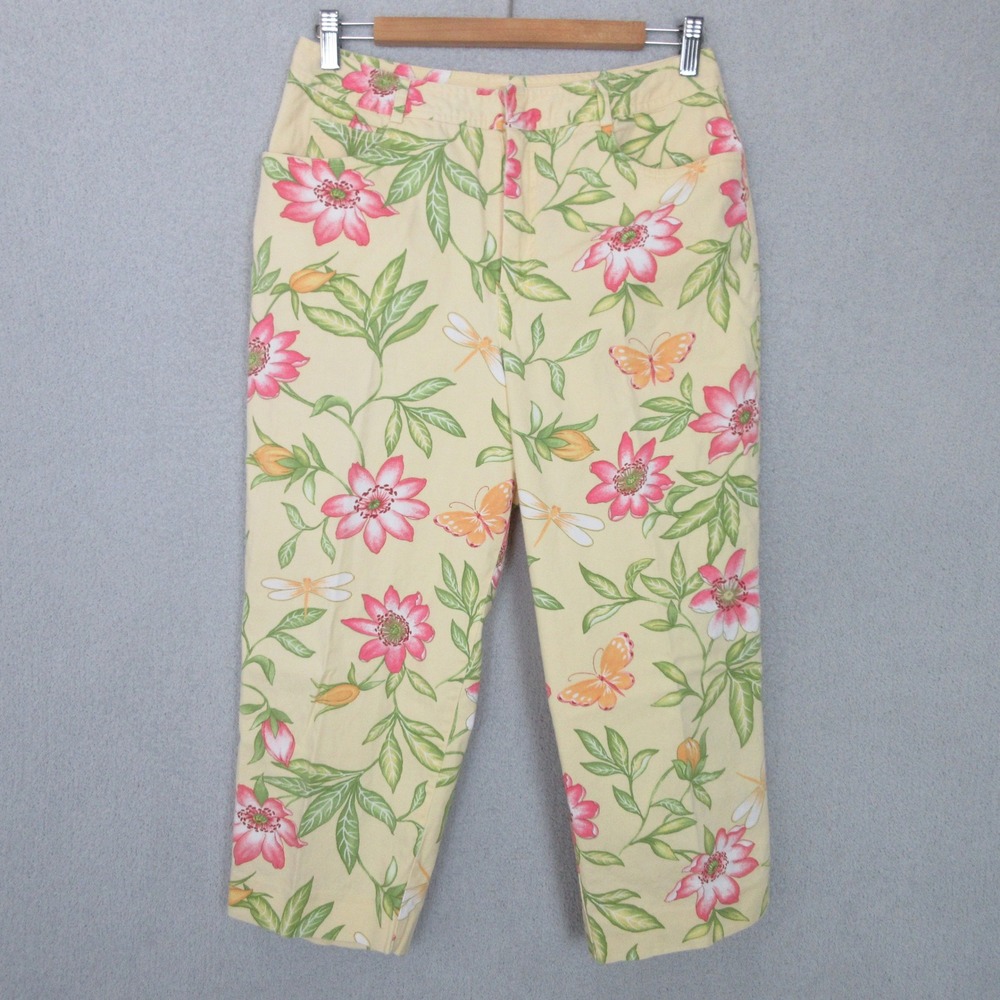 Talbots Cropped Pants Womens 10P Yellow Floral Butterfly Dragonfly Stretch Twill
